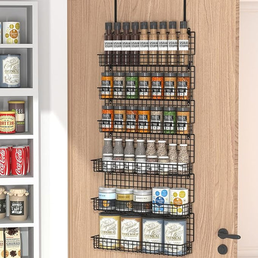 JKsmart 6-Tier Spice Rack Organizer with Door Hook, Wall Mounted & Over the Door Spice Racks for Kitchen Pantry Door Cabinet, Two Size, Large Capacity, Black