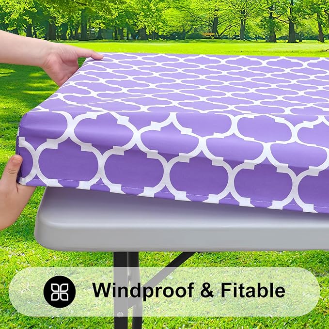 Smiry Rectangle Picnic Table Cover, Waterproof Elastic Fitted Camping Tablecloths for 6 Foot Tables, Wipeable Flannel Backed Vinyl Tablecloth Protector for Indoor, Outdoor (Lavender, 30x72 Inches)