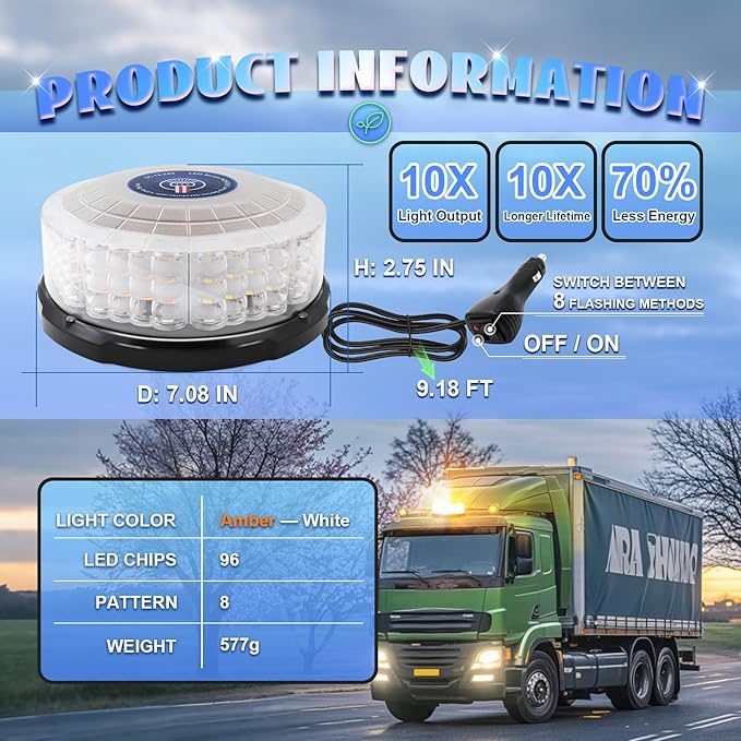 7" Magnetic Beacon Light, Emergency Lights for Vehicles, LED Rooftop Rotating Beacon Light, Amber-White Caution Hazard Beacon Magnetic Strobe Lights for Trucks Tractor Forklifts Boat Car