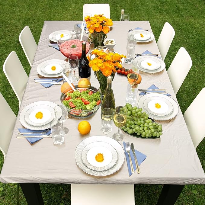 3 Pcs Picnic Table and Bench Fitted Tablecloth Cover for 6 Ft Table 30 x 72 Inch Vinyl Fitted Elastic Edges Waterproof Wipeable Tablecloth for Indoor Outdoor Travel Picnics Patio Camping (Beige)