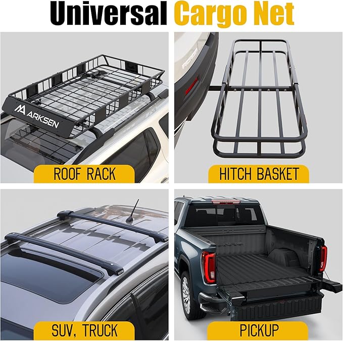 ARKSEN 51" x 19" Heavy Duty Tangle-Free Nylon Cargo Net(4.7" x 4.7" Mesh), Universal Bungee Net for Pickup, Trucks, SUV, Roof Racks, and Travel Luggage Racks
