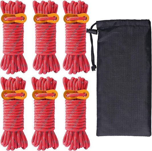 Hikeman 6 Pack 4mm Outdoor Guy Lines Tent Cords Lightweight Camping Rope with Aluminum Guylines Adjuster Tensioner Pouch for Tent Tarp, Canopy Shelter, Camping, Hiking, Backpacking
