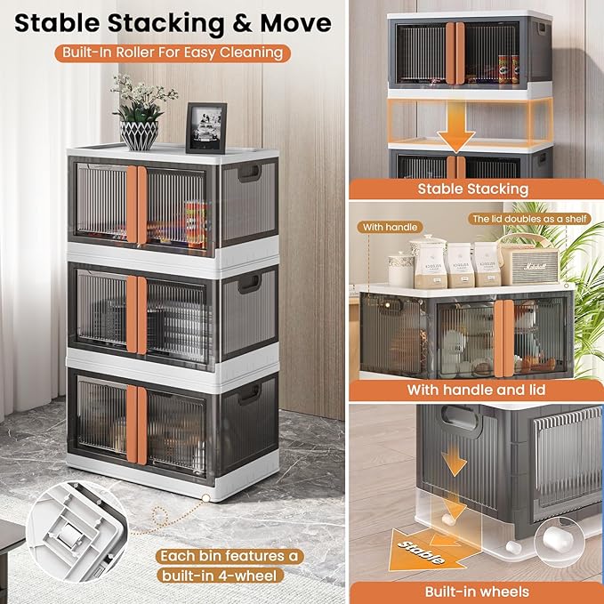 19Gal Collapsible Storage Bins with Lids & Wheels - 3 Pack Stackable with Doors, Heavy-Duty Plastic Containers for Home/Office, White