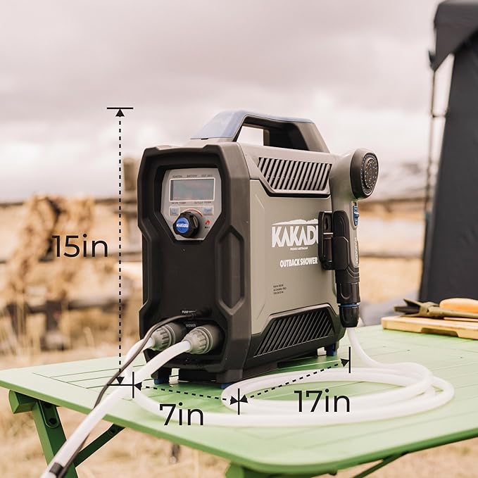 Kakadu Portable Camping Outback Shower, Instant Hot Water for Outdoor Use - Slimline Design, Rechargeable Lithium Battery, Adjustable Shower Head, Slim Pump, Digital Display
