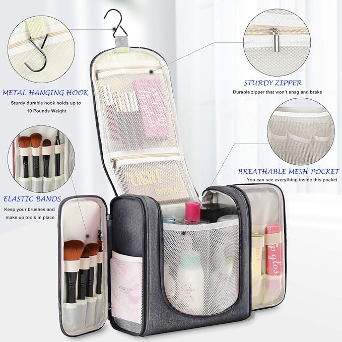 Hanging Toiletry Bag Extra Large Capacity | Premium Travel Organizer Bags For Men And Women | Durable Waterproof Nylon Bathroom, Shower, Makeup Bag For Toiletries, Cosmetics, Brushes