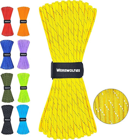 WEREWOLVES Reflective Paracord Rope 7 Strand Type III Parachute Cord 4mm 100ft / 200ft for Tent Camping Hiking Fishing Survival Tactical Clothesline DIY Projects