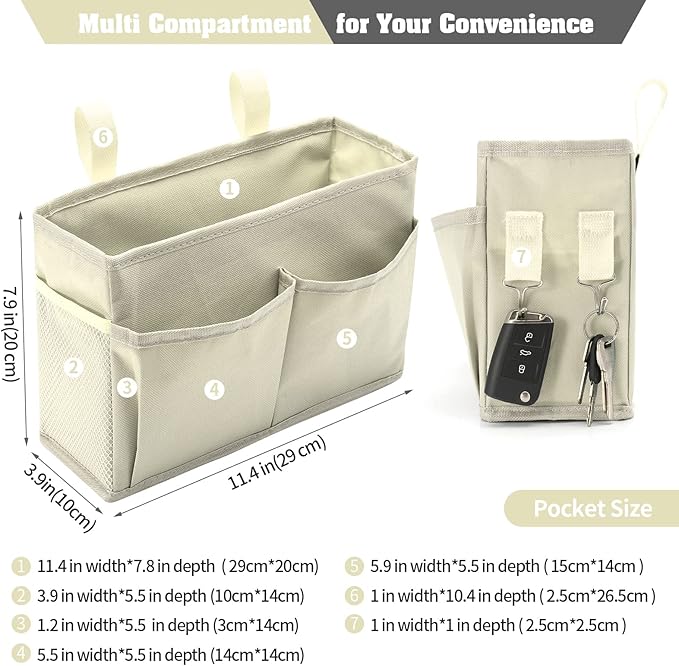 Bunk Bed Organizer, Bedside Caddy Hanging Bed Organizer Storage Bag with 4 Pockets and 2 Hooks, for College Dorm Rooms Bed, Hospital Bed, Baby Bed Rails, 600D Oxford Cloth (Beige)