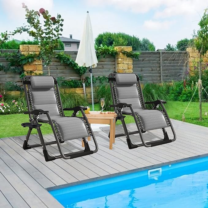 ABORON Zero Gravity Chair,Premium Outdoor Lawn Folding Lounge Chairs,Sturdy Adjustable Reclining Patio Chairs with Built in Cushion,Headrest & Tray