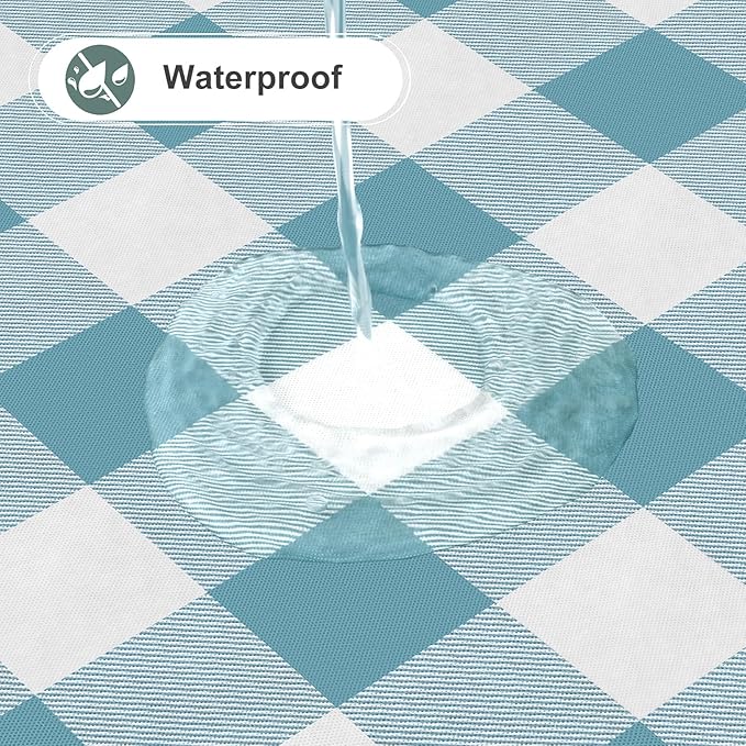 misaya Round Waterproof Vinyl Table Cloth, Buffalo Flannel Backed Tablecloth, Wipeable Plastic Table Cover for Dinner, Kitchen, Picnic (60", Aquamarine and White)