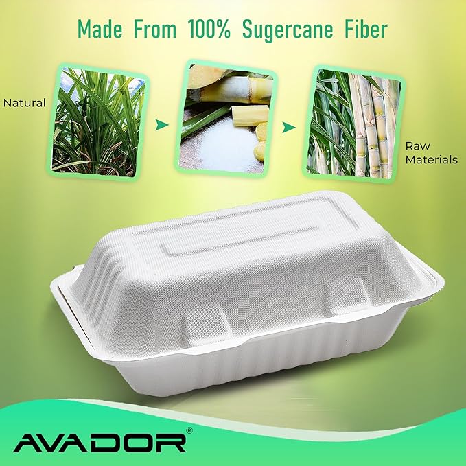 AVADOR® Compostable Tableware 100% Eco-Friendly & Biodegradable Dinnerware Eco-Conscious, Disposable, and 100% Biodegradable (9 Inch x 6 Inch Clamshell Pack of 50)