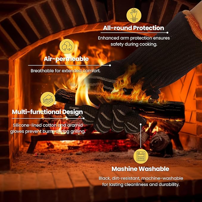 HandLove BBQ Gloves, Oven Gloves with Fingers –1472℉ Heat Resistant Gloves for Grilling | Aramid Retardant Non-Slip Grip, Long Cuff Mitts, Black,M