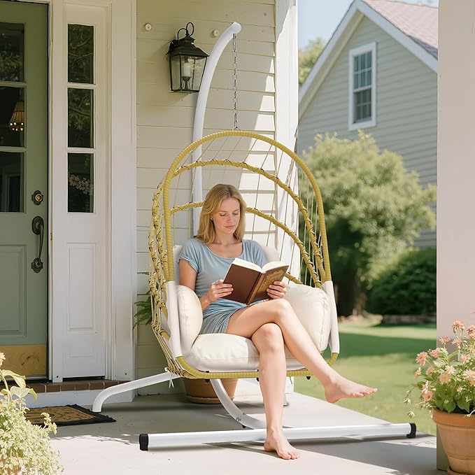 YITAHOME Hanging Egg Chair with Stand, Rattan Wicker Swing Egg Chair with Cushion, 370lbs Capacity, Foldable Hanging Basket Chair for Porch, Garden, Bedroom, Balcony - Beige