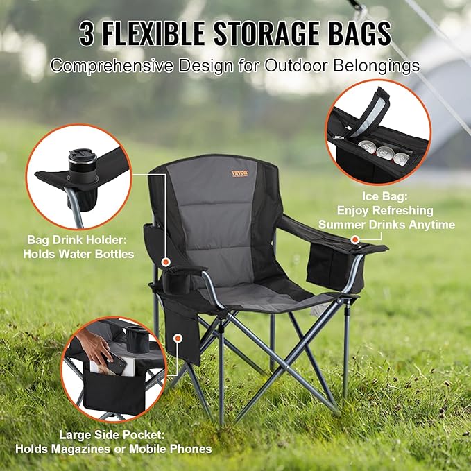 VEVOR Camping Folding Chair, Portable Heavy Duty Outdoor Quad Lumbar Back Padded with Side Pockets, Cup Holder and Cooler Bag for Beach, Lawn, Picnic, Fishing, Backpacking, Black