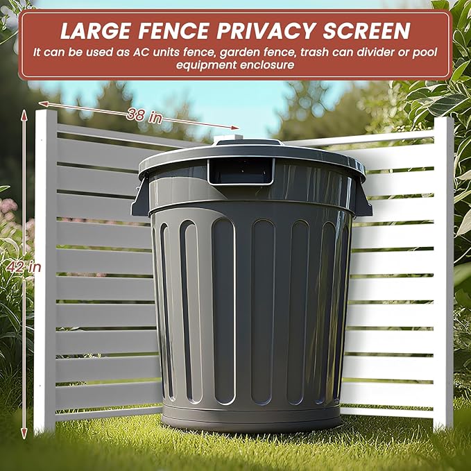 LILYPELLE 38in W x 42in H Air Conditioner Fence, 2 Panels PVC Outdoor Privacy Screen with Metal Stakes, Outside Trash Can Pool Equipment Enclosure Panels Decorative Fences