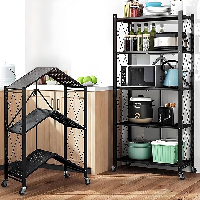 4-Tire Storage Rack, 28*13*34.5in Foldable Metal Garage Storage Shelves Organizer, Portable Metal Kitchen Shelving, Closet Shelving Unit Bakers Rack Microwave Stand, Black(Tiered Shelf-3)