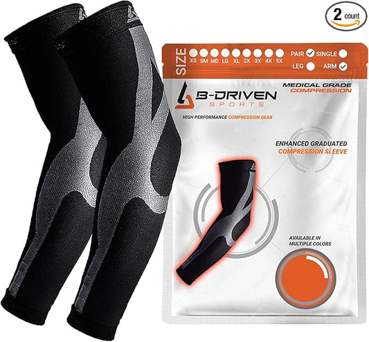 B-Driven Sports Graduated Compression Arm Sleeves, Medical Grade 20-30mmHg, For Baseball, Basketball, and more - 4 Colors