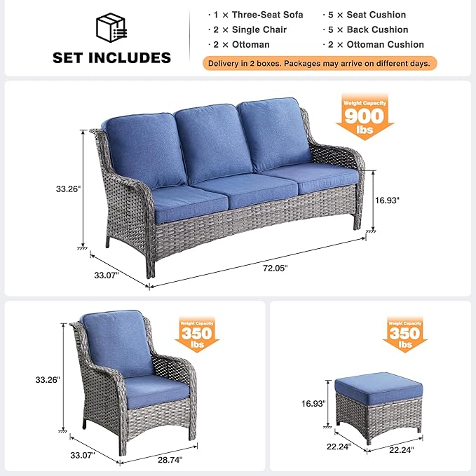 ovios 7 Pieces Patio Furniture Set, Outdoor Wicker Sofas with 4 Chairs, Ottomans and Comfy Cushions, All Weather High Back Couch Set for Deck Porch, Grey Rattan, Denim Blue