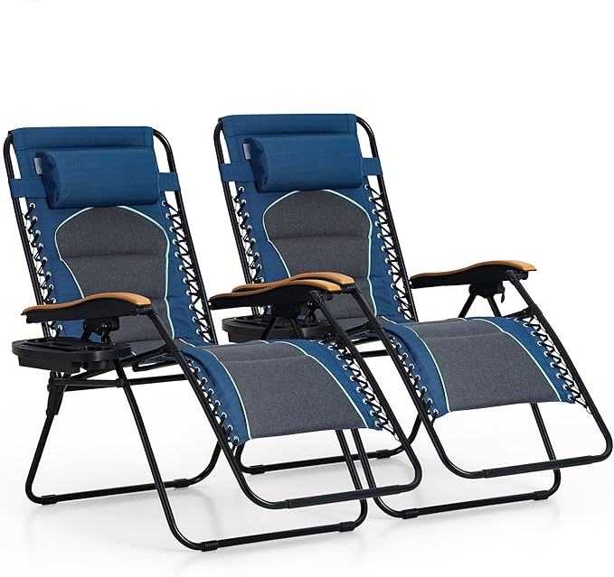 PHI VILLA XXL Oversized Padded Zero Gravity Chair, Foldable Patio Recliner, 30" Wide Seat Anti Gravity Lounger with Cup Holder, Set of 2, Support 400 LBS (Blue Accent)