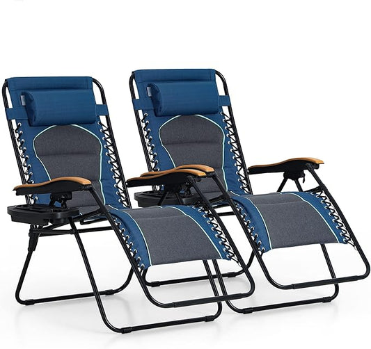 PHI VILLA XXL Oversized Padded Zero Gravity Chair, Foldable Patio Recliner, 30" Wide Seat Anti Gravity Lounger with Cup Holder, Set of 2, Support 400 LBS (Blue Accent)