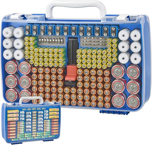 Battery Organizer Storage Holder Case with Double-Sided, Garage Box with Tester Checker. Batteries Container for 269pcs AA AAA AAAA 3A 4A 9V C D Lithium 4LR44 CR2 CR123A CR1632 CR2032 18650 - Blue