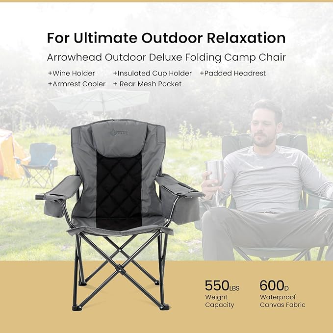 ARROWHEAD OUTDOOR 2-Pack Portable Folding Camping Quad Chair w/ 6-Can Cooler, Cup & Wine Glass Holders, Heavy-Duty Carrying Bag, Padded Armrests, Headrest & Seat, Supports up to 550lbs