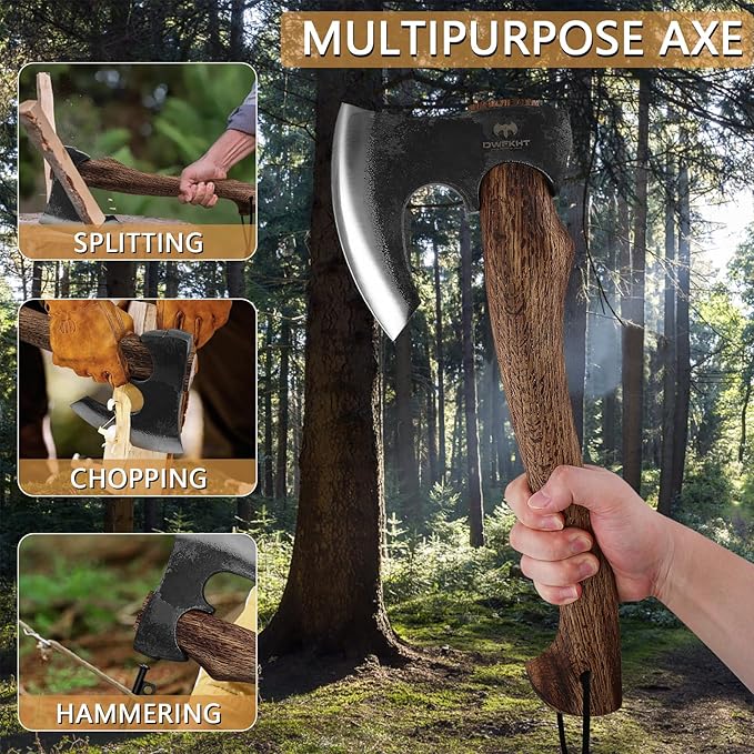Hatchet Axe, 15.7" Camping Hatchet with Leather Sheath, Bushcraft Axe with 1065 Carbon Steel & Beech Handle, Survival Axe for Wood Splitting and Chopping - Perfect for Gardening and Outdoor