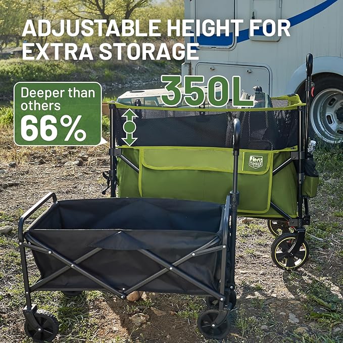 TIMBER RIDGE 350L Extra Large Collapsible Folding Wagon Carts with Brake, Heavy Duty Outdoor Camping Utility Wagons with Extended Height, Adjustable Handle, Cup Holders, Side Bag(Green)
