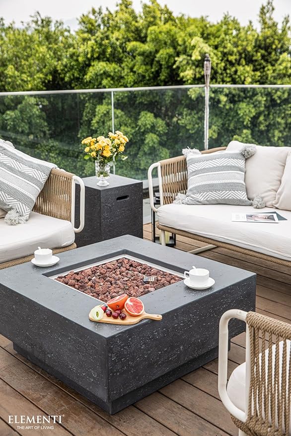 Elementi | Manhattan Gas Fire Pit Cast Concrete 36" Square Fire Table, Outdoor Fire Pit Electronic Ignition | Canvas Cover, Lava Rock Included | Dark Gray (Natural Gas)