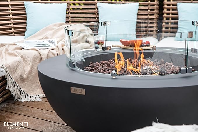 Elementi | Bundle Lunar Gas Fire Pit Cast Concrete 42" Round Fire Table, Outdoor Fire Pit Electronic Ignition | Canvas Cover, Lava Rock Included | Dark Gray (Natural Gas)