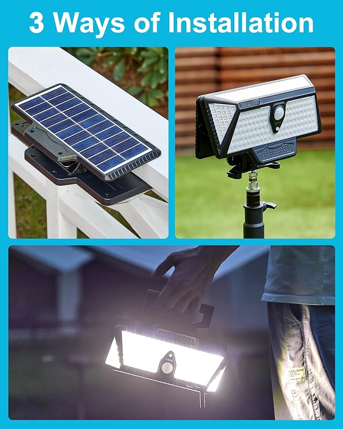 208Leds Solar Lights Outdoor,Clip on Motion Sensor Outdoor Lights,6000K,1000LM High Bright Solar Powered Flood Light with 3 Mounting Ways for Bakcyard Fence Garage Camping (2Pack)
