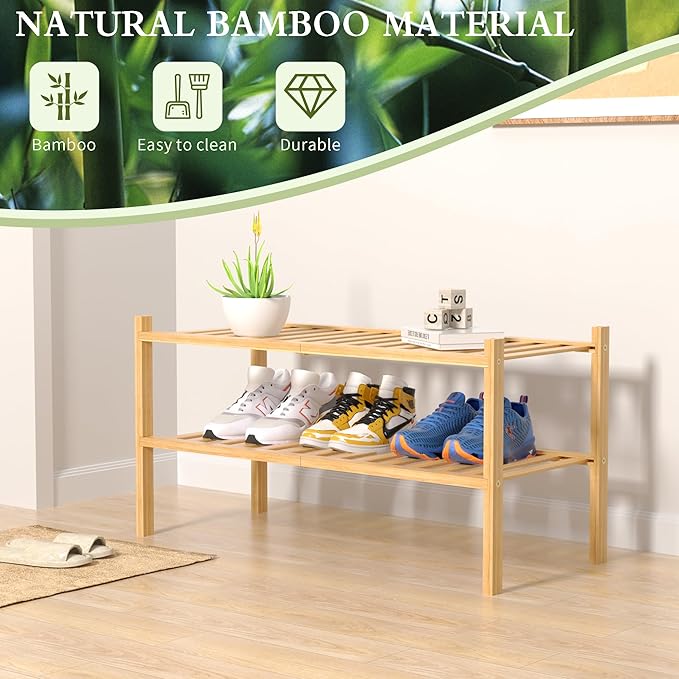 2 Tier Bamboo Shoe Rack for Closet Free Standing Wood Shoe Shelf for Entryway Small Space Stackable 27"x11"x13" (Natural)