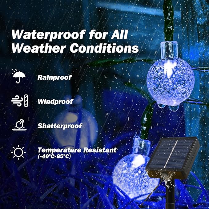 Solar Lights Outdoor Waterproof, 2 Pack Total 120LED 72FT Solar String Lights for Outside with 8 Modes, Outdoor String Lights Crystal Globe Patio Lights for Garden Yard Party Decor (Bule)