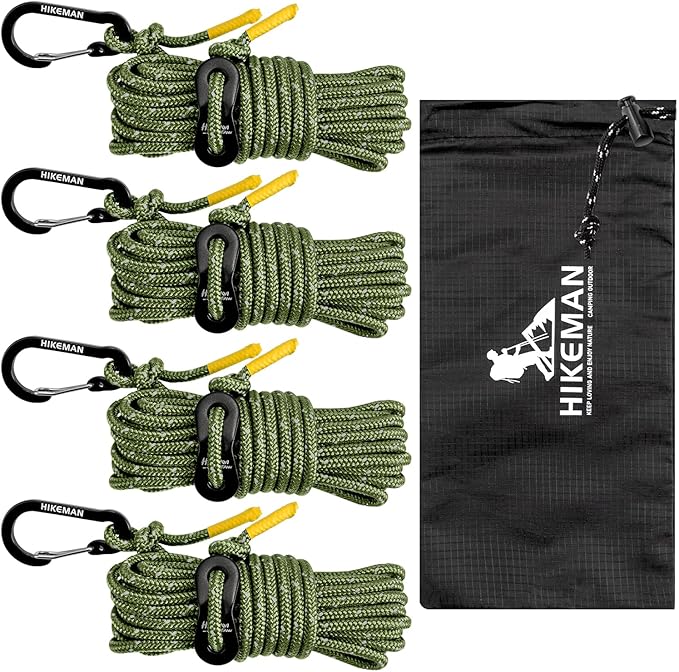 HIKEMAN Reflective Tent Rope Guyline - 4M Camping Guide Ropes,4mm Tent Guy Ropes Cord with Aluminum Tensioners Adjuster for Outdoor Camping Hiking Caravan Awning Tents (Army Green, 4mm)