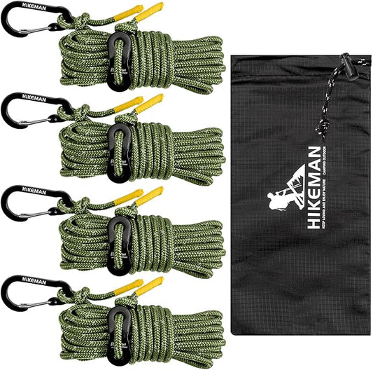 HIKEMAN Reflective Tent Rope Guyline - 4M Camping Guide Ropes,4mm Tent Guy Ropes Cord with Aluminum Tensioners Adjuster for Outdoor Camping Hiking Caravan Awning Tents (Army Green, 4mm)