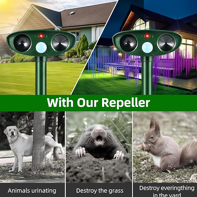 4 Pack Ultrasonic Solar Animal Repellent Outdoor,Deer Repellent Devices Motion Detection,Cat Skunk Dog Raccoon Squirrel Rabbit Deterrent,Waterproof Animal Repeller for Yard Farm