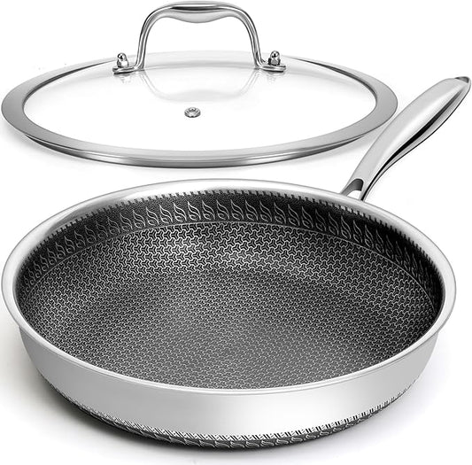 12 inches Frying Pan Nonstick Deep Sauté Pan and Lid, Non Stick Stainless Steel Pan Dishwasher and Oven-Safe, Compatible with All Cooktops