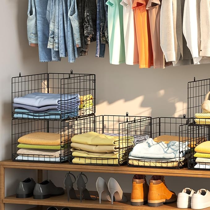 4 Pack Closet Organizers and Storage Shelves for Clothes, 4 Tier Stackable Closet Storage Basket Bin Container for Clothing Sweater Jean, Narrow, Foldable, Sturdy Metal Closet System Organizer Shelf