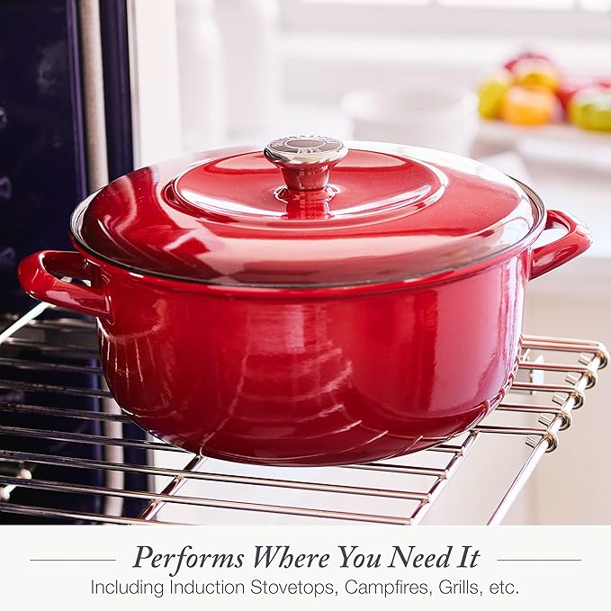 Merten & Storck 5.3QT Round Dutch Oven Casserole Pot with Lid, European Crafted Enameled Iron Stockpot, Induction & All Cooktops, Braising, Stews, Roasting, Slow Cooking, Sourdough, Foundry Red