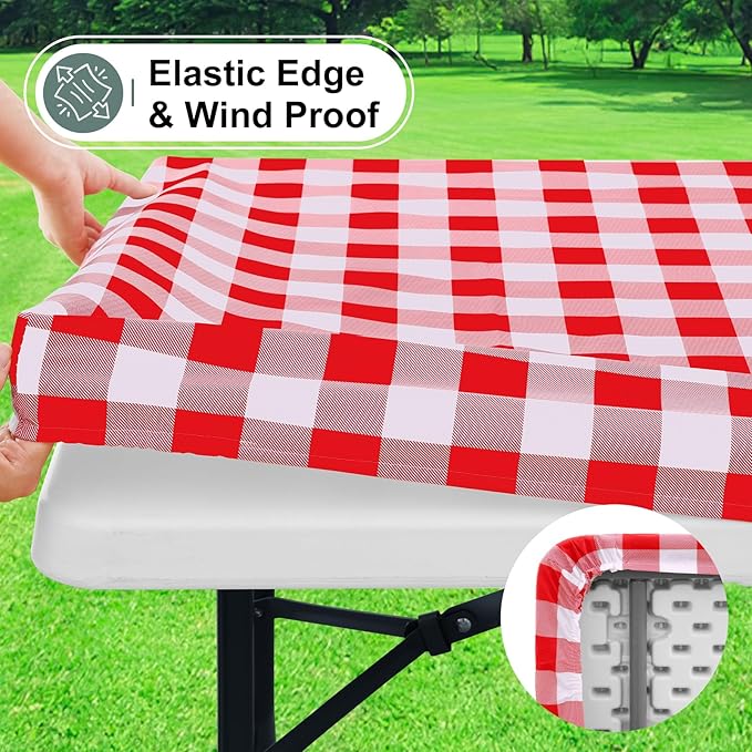 misaya Buffalo Rectangle Picnic Tablecloth, 8 Foot Elastic Fitted Vinyl Table Cloth with Flannel Backing, Waterproof Plaid Table Covers for Dining, Camping, Outdoor (Red and White, 30" x 96")