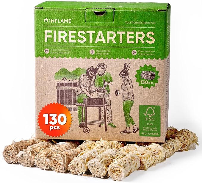 Inflame Fire Starters 130 pcs Fire Starters for Campfires, Grill, BBQ, Fireplace, Woodstove - Charcoal Starter - Waterproof, Weather-Resistant - Natural Wood Fireplace Starters
