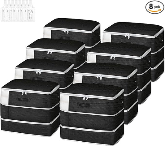 Comforter Storage Bag - Large Capacity Blanket Storage Bags 3-Layer Ultra Space Saving Self Compression Organizer, Washable Compression Bags for Storage Comforter Blanket, 8-Pack, Black