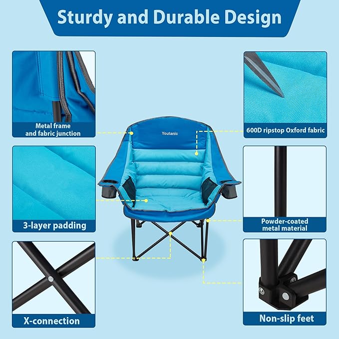 Oversized Camping Chair, Portable Folding Camping Chairs with Side Pocket, Cup Holder and Carry Bag, Heavy Duty Outdoor Camping Chairs for Adults, Fishing, Sports, Trip, up to 400lbs, Style 1