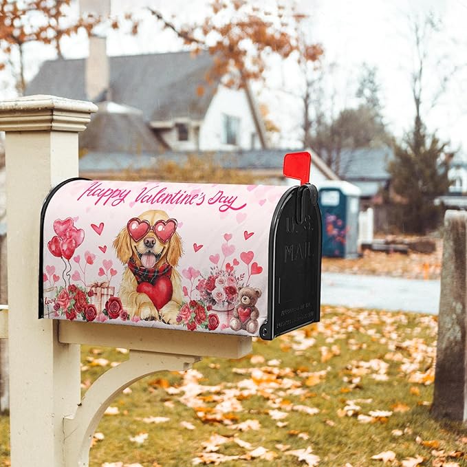 Happy Valentine Mailbox Covers Magnetic Standard Size 25.5"x21" Golden Retriever Dog Love Heart Decorative Mail Box Post Cover Rose Anniversary Pink Mail Box Post Cover for Home Outdoor Garden