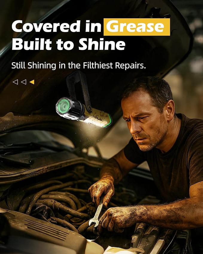 FORTO Magnetic Work Light 2000LM, 5000mAh Rechargeable Flashlight, IPX8 Waterproof Worklight with 240° Rotating Handle, for Emergency, Camping, Garage, Car Repair, Hurricane, Power Outage (Yellow)