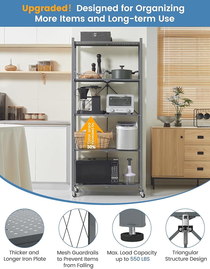 ALANNG 70.7" H Metal Storage Shelves, 5 Tier Folding Shelf on Wheels, Heavy Duty, No Assembly, Rolling, Collapsible Rack Unit for Kitchen, Basement, Pantry (Gray,2 Pack)