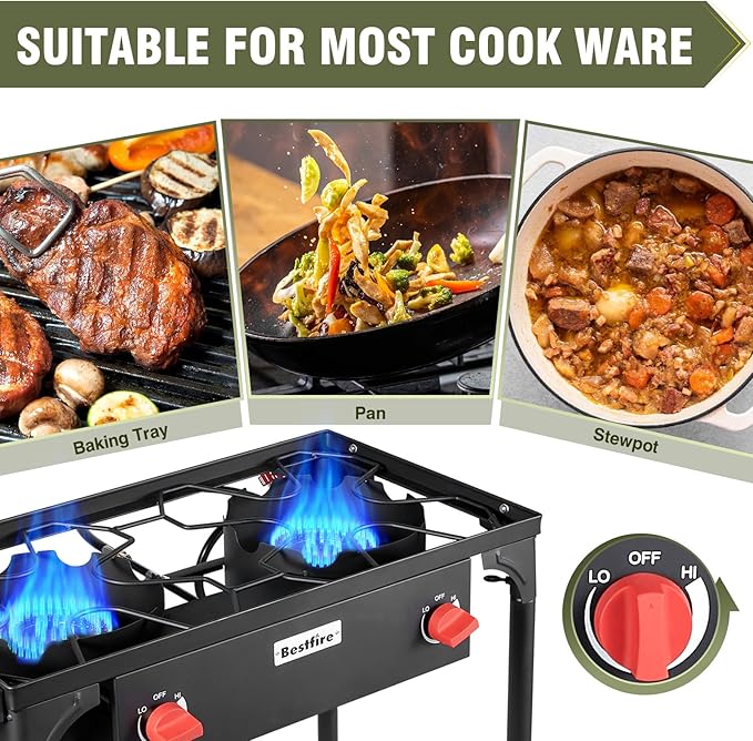 BESTFIRE 2 Burner Camping Stove,150,000 BTU High Pressure Outdoor Propane,4ft 20 PSI Adjustable Regulator Hose With Removable Legs for Backyard Cooking Camping Home