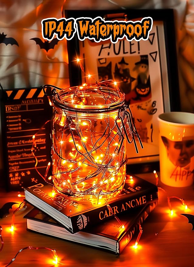 Halloween USB Fairy Lights Plug in, 33Ft 100 LED Twinkle String Lights with Remote and Timer, Waterproof 8 Modes for Bedroom Home Party Ghost Haunted House Indoor Outdoor Decorations, Orange