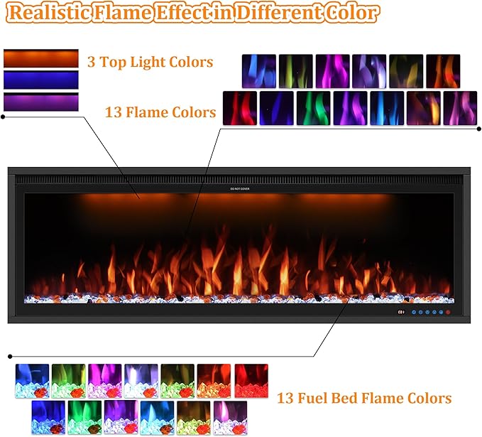 Benrocks 50'' WiFi-Enabled Electric Fireplace Insert - Alexa & App Control, 13 * 13 * 3 Color Combinations, Smart Fireplace Heater, Timer, Logs & Crystals Included, 750/1500W