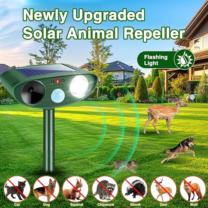 2Pack Solar Ultrasonic Animal Repellent Outdoor Deer Repellent Devices with Motion Detection&Flash Light Squirrel Rabbit Dog Cat Deterrent,Keep Rodent Chipmunk Raccoon Away for Yard Garden Lawn