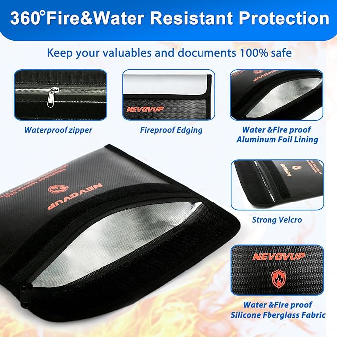 4200°F Fireproof Money Bag for Cash -Heat Insulated, 9.8 x 6.5" Fireproof Document Bag with Waterproof Zipper, Small Fire proof Bags Set with Reflective Strip and Fire proof Edging for Valuables